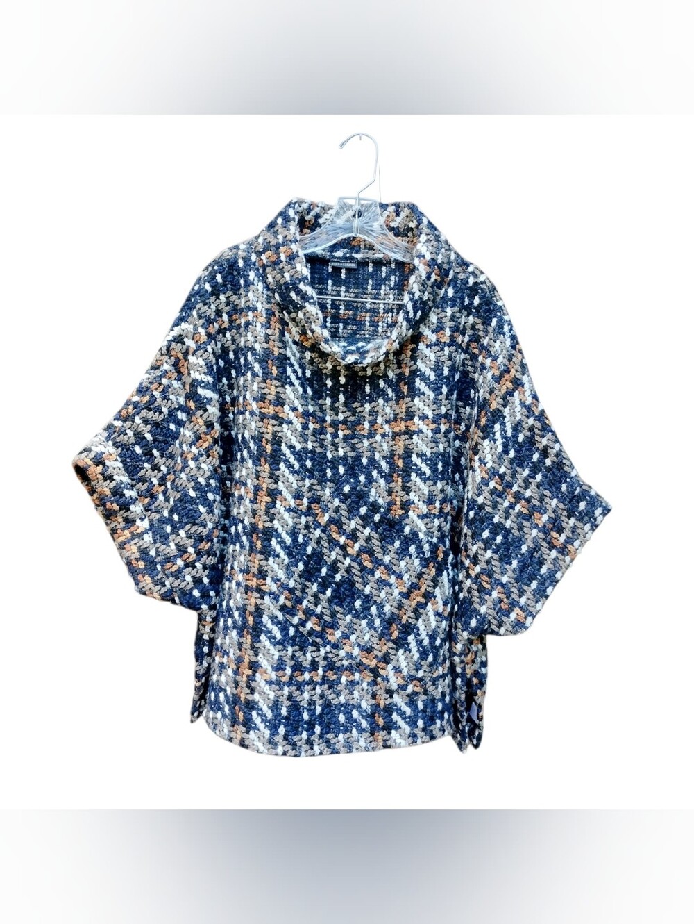 Coco + Carmen Blue Plaid Chunky Knit Cowl Neck Poncho Sweater